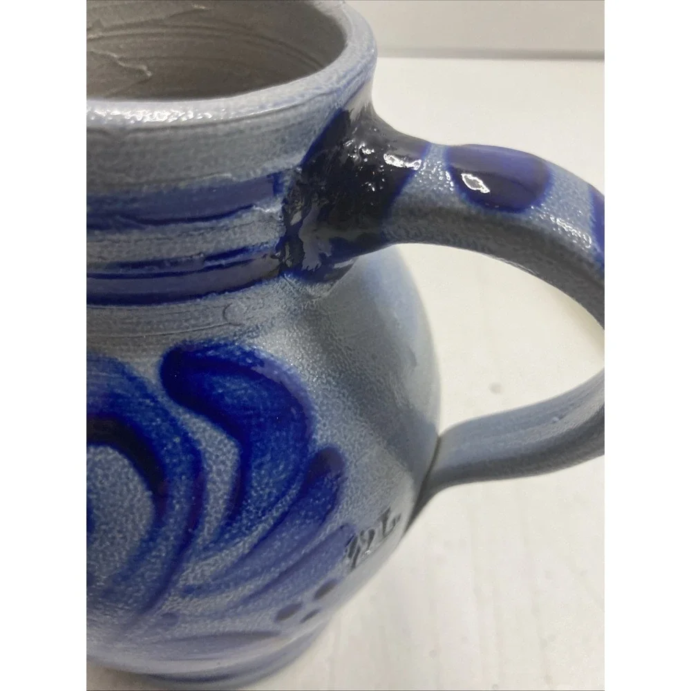 Vintage German Salt‎ Glaze Pitcher Handle Blue Stripe 1/2 L  5.75